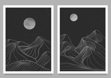 Yaratıcı minimalist modern çizgi baskı seti. Soyut dağ, çağdaş estetik arka planlar, manzara. Dağ, tepeler, çöl, ufuk çizgisi, ay. vektör çizimleri