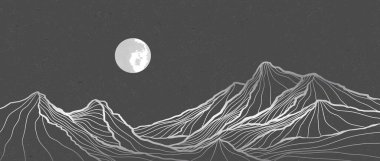 Dağ manzarası çizimi. El çizimi yaratıcı minimalist modern çizgi baskısı. Soyut çağdaş estetik arka plan manzarası. Dağlar, tepeler, ay ışığı