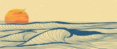 Okyanus dalgası manzarası çizimi. Yaratıcı minimalist modern çizgi sanat baskısı. Soyut çağdaş estetik arka planlar, manzaralar. Okyanus, deniz, ufuk çizgisi, dalga ve günbatımıyla