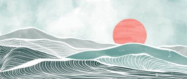 Ocean wave and mountains illustration. Creative minimalist modern art painting and line art pattern. Abstract contemporary aesthetic backgrounds landscapes. with sea, skyline, ocean wave