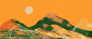 Ortaçağ modern sanatının yaratıcı minimalist el resimleri. Doğal soyut manzara arka planı. dağ, orman, gökyüzü, güneş ve tepeler