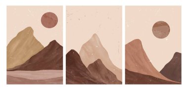 Dağ manzarası çizimi. Orta çağ modern sanat baskısı. Soyut çağdaş estetik arka planlar, manzaralar. dağ, güneş ve tepeler