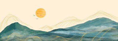 Mountain landscape watercolor painting illustration with line art pattern. Abstract contemporary aesthetic backgrounds landscapes. mountains, hills, sun and skyline