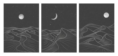 Yaratıcı minimalist modern çizgi baskı seti. Soyut dağ, çağdaş estetik arka planlar, manzara. Çöl, dağ, orman, ufuk çizgisi, dalga. vektör çizimleri