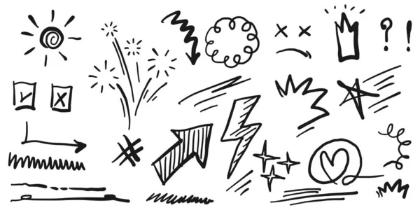 Hand Drawn Set Doodle Elements Check Mark Swoops Swirl Arrow — Stock Vector