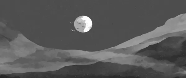 ラインアートパターンのマウンテンランドスケープ水彩画イラスト 黒と白の背景の風景 山や丘 そして月の光 — ストックベクタ