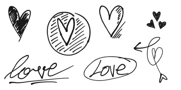Doodle Hartjes Set Handgetekende Stijl Liefdessymbool Geïsoleerd Witte Achtergrond Vectorillustratie — Stockvector