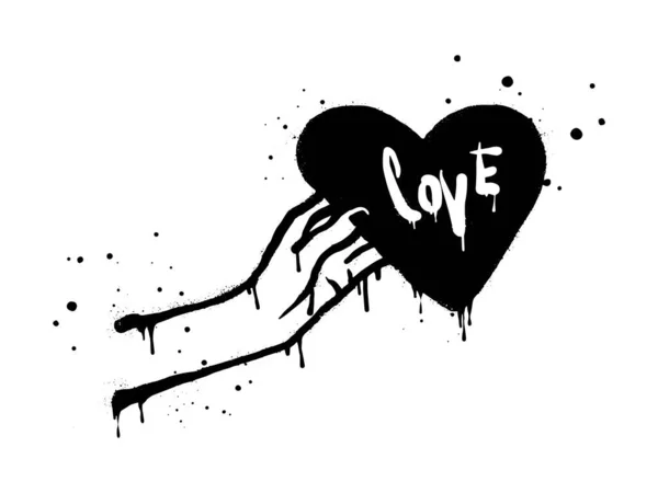 Hand Holding Heart Symbol Spray Painted Graffiti Heart Black White — Stock Vector