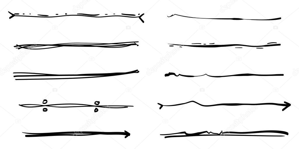 Set of hand drawn divider lines. Doodle design element with underline, swashes, swoops, swirl. vector illustration