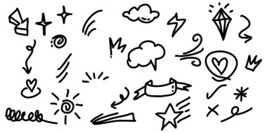 Doodle çizgi film ifadelerinin etkilerini ayarladı. El çizimi çizgi film efektleri tasarım elementleri. vektör illüstrasyonu