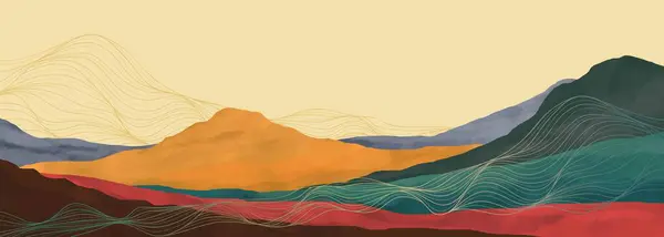 Mountain landscape watercolor painting illustration with line art pattern. Abstract contemporary aesthetic backgrounds landscapes. mountains, hills, sun and skyline