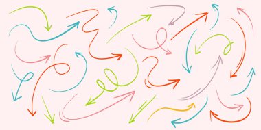 Yönlendirici Şekiller ve Nesneler ile renklendirilmiş çeşitli Doodle Okları. El çizimi vektör illüstrasyonu