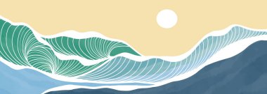 Soyut Okyanus dalgası çizimi. Yaratıcı minimalist modern boya ve çizgi sanat baskısı. Soyut çağdaş estetik arka planlar, manzaralar. Okyanus dalgası, deniz, ufuk çizgisi