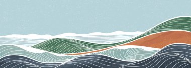 Soyut Okyanus dalgası çizimi. Yaratıcı minimalist modern boya ve çizgi sanat baskısı. Soyut çağdaş estetik arka planlar, manzaralar. Okyanus dalgası, deniz, ufuk çizgisi