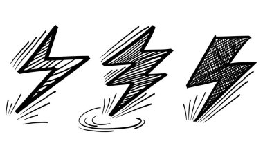 Elektrikli yıldırım seti, karalama tarzında şimşek. Beyaz arka planda izole edilmiş. vektör illüstrasyonu