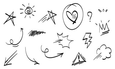 El çizimi vurgu seti tasarım elementleri. Taç, ok, flaş, hışırtı, ünlem, etiket. Infographic konsept tasarımı için kullanılır