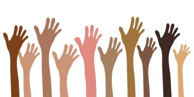 Ellerinizi kaldırın. Farklı ten renkleri olan insan elleri yukarı. vektör el çizimi resimleme