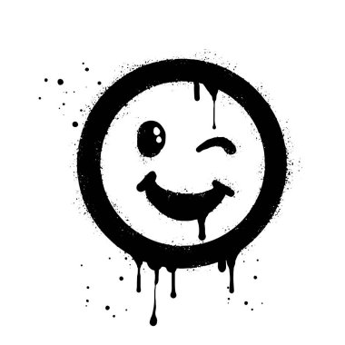 gülen surat emoji karakteri. Sprey boyalı grafiti gülümseyen yüz beyaza siyaha boyanmış. Beyaz arka planda izole edilmiş. vektör illüstrasyonu