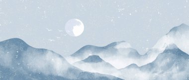 Mavi Dağ manzarası suluboya resim çizimi. Soyut çağdaş estetik arka planlar, manzaralar. Dağlarla, tepelerle ve güneşle