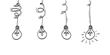 Karalama ampulleri fikri ikonu. Karmaşık, kafa karıştırıcı berraklık ya da yol vektör fikrini ampullerle sadeleştirmek. vektör illüstrasyonu