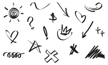 El çizimi vurgu seti tasarım elementleri. Taç, ok, kıvırcık kıvrımlar, ünlem, yıldız. Infographic konsept tasarımı için kullanılır