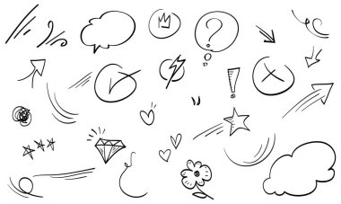 Doodle çizgi film ifadelerinin etkilerini ayarladı. Konsept tasarım için tasarım elemanları. Beyaz arka planda izole edilmiş. vektör illüstrasyonu