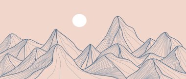 El çizimi Dağ Çizgisi Sanat Çizimi. Duvar kağıdı, baskı sanatı, poster, kapak, afiş için minimalist peyzaj tasarımı