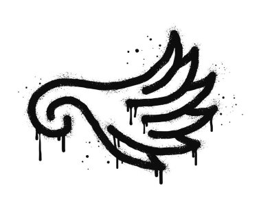 Sprey, grafiti kanat simgesini beyazın üzerine siyah renge boyadı. Kanat damlası sembolü. Beyaz arka planda izole edilmiş. vektör illüstrasyonu