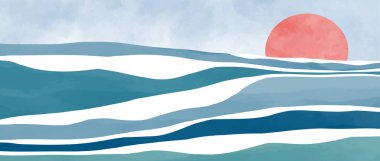 Mavi Okyanus dalgası çizimi. Yaratıcı minimalist modern resim ve çizgi çizimi. Soyut çağdaş estetik arka planlar, manzaralar. Okyanus dalgası, gün batımı ve denizle