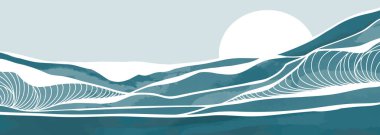 Mavi Okyanus dalgası çizimi. Yaratıcı minimalist modern resim ve çizgi çizimi. Soyut çağdaş estetik arka planlar, manzaralar. Okyanus dalgası, gün batımı ve denizle