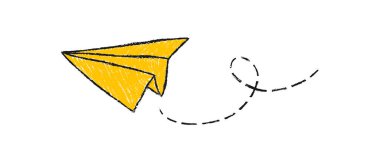 Çizen çocuklar. Uçan sarı kağıt uçaklar. Beyaz arka planda izole edilmiş. vektör illüstrasyonu