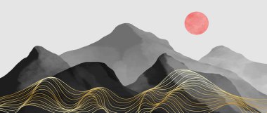 Dağ manzarası suluboya resim çizimi. Soyut çağdaş estetik arka planlar, manzaralar. dağlar, tepeler ve ay