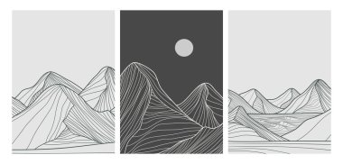 Dağ çizgisi çizimleri sette. Soyut dağ, çağdaş estetik arka planlar, manzara. baskı sanatı, poster, kapak, afiş