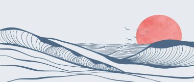 Okyanus dalgası manzarası çizimi. Yaratıcı minimalist modern çizgi sanat baskısı. Soyut çağdaş estetik arka planlar, manzaralar. Okyanus, deniz, ufuk çizgisi, dalga ve günbatımıyla
