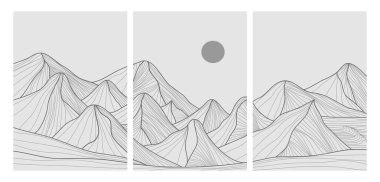 Dağ çizgisi çizimleri sette. Soyut dağ, çağdaş estetik arka planlar, manzara. baskı sanatı, poster, kapak, afiş