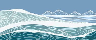 Mavi Okyanus dalgası çizimi. Yaratıcı minimalist modern resim ve çizgi çizimi. Soyut çağdaş estetik arka planlar, manzaralar. Okyanus dalgası, dağ ve denizle