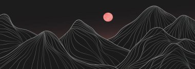Dağ manzarası çizimleri. Yaratıcı minimalist modern çizgi sanat baskısı. Dağlar, tepeler, dalgalar ve ay. baskı sanatı, poster, kapak, afiş