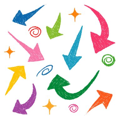 Renkli el çizimi oklar ayarlandı. Çeşitli yönlerde ok simgesi. Doodle vektör çizimi. beyaz arkaplanda izole edilmiş