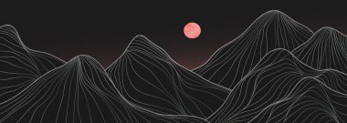 Dağ manzarası çizimleri. Yaratıcı minimalist modern çizgi sanat baskısı. Dağlar, tepeler, dalgalar ve ay. baskı sanatı, poster, kapak, afiş