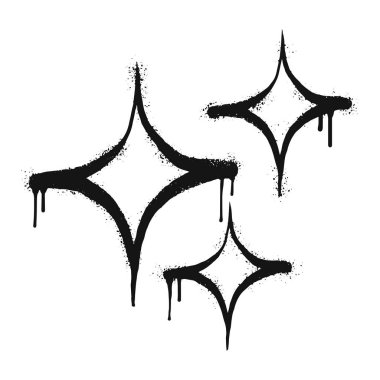 Sprey boyalı graffiti ışıltı simgesi. Siyah üstüne beyaz. Yıldızlar parlayan damlalar sembolü. Beyaz arka planda izole edilmiş. vektör illüstrasyonu