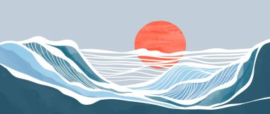 Mavi okyanus dalgası çizimi. Yaratıcı minimalist modern resim ve çizgi sanat baskısı. Soyut çağdaş estetik arka planlar, manzaralar. Deniz, gün batımı, dalga