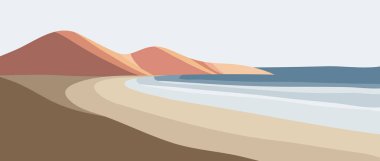 Düz tasarım arka planında dağlar, deniz, sahil ve tepeler var. yaratıcı minimalist modern sanat baskısı. baskı sanatı, poster, kapak, afiş