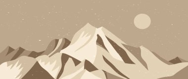 Dağ, ay ve tepelerle donatılmış düz tasarım manzarası. yaratıcı minimalist modern sanat baskısı. baskı sanatı, poster, kapak, afiş