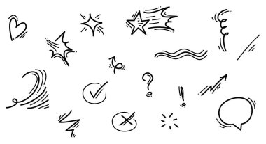 El çizimi vurgu seti tasarım elementleri. Rüzgar, ok, kalp, ünlem, yıldız. Infographic konsept tasarımı için kullanılır