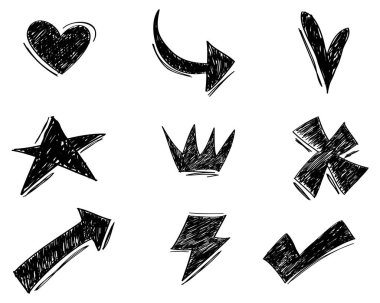 El çizimi vurgu seti tasarım elementleri. Taç, aşk, ok, yıldız, kontrol listesi. Infographic konsept tasarımı için kullanılır