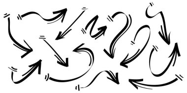 Doodle Arrows simgeleri ayarlandı. Çeşitli yönlere el çizimi ok simgesi. beyaz arkaplanda izole edilmiş