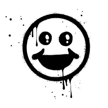gülen surat emoji karakteri. Sprey boyalı grafiti gülümseyen yüz beyaza siyaha boyanmış. Beyaz arka planda izole edilmiş. vektör illüstrasyonu