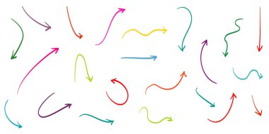 Doodle Arrows simgeleri ayarlandı. Çeşitli yönlere el çizimi ok simgesi. beyaz arkaplanda izole edilmiş