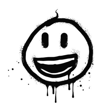 gülen surat emoji karakteri. Sprey boyalı grafiti gülümseyen yüz beyaza siyaha boyanmış. Beyaz arka planda izole edilmiş. vektör illüstrasyonu
