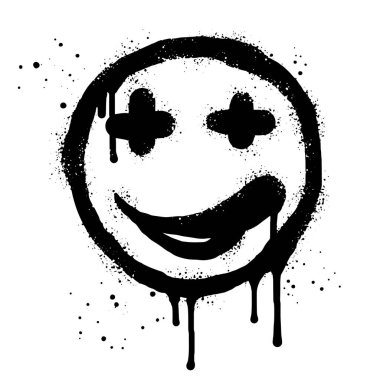 gülen surat emoji karakteri. Sprey boyalı grafiti gülümseyen yüz beyaza siyaha boyanmış. Beyaz arka planda izole edilmiş. vektör illüstrasyonu